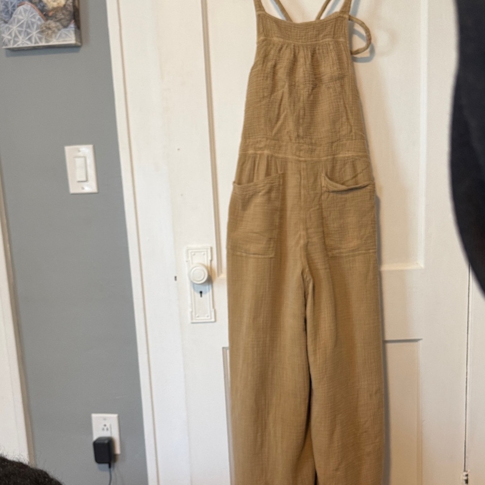 Free People tan linen soft overalls